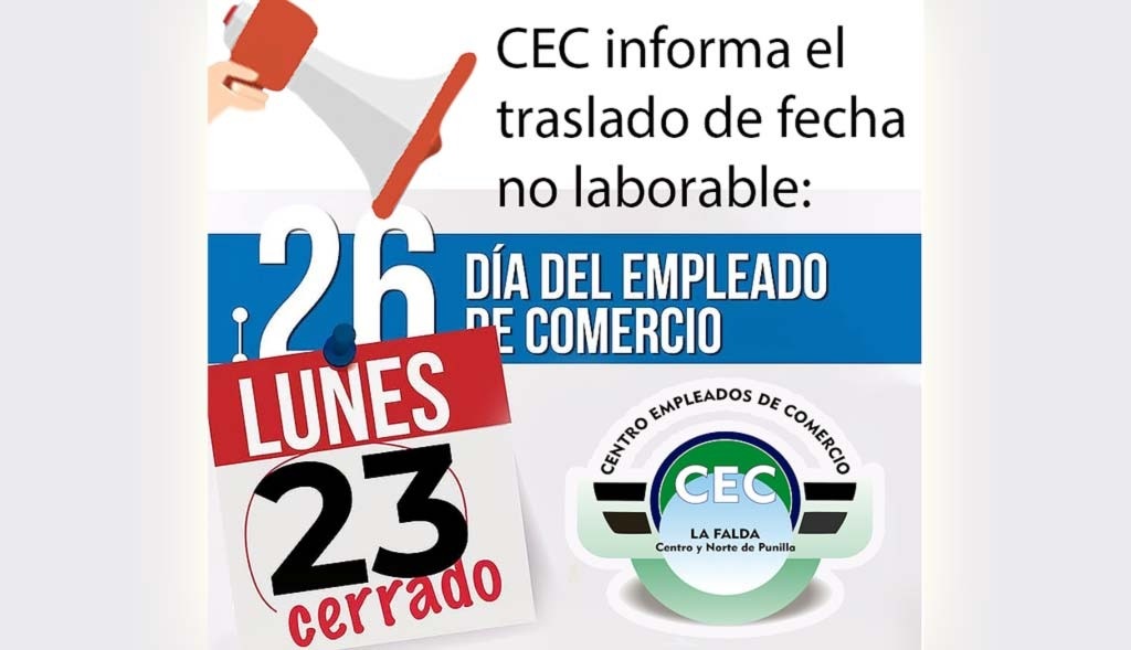 CEC La Falda: Asueto día del Empleado de Comercio el lunes 23 de septiembre